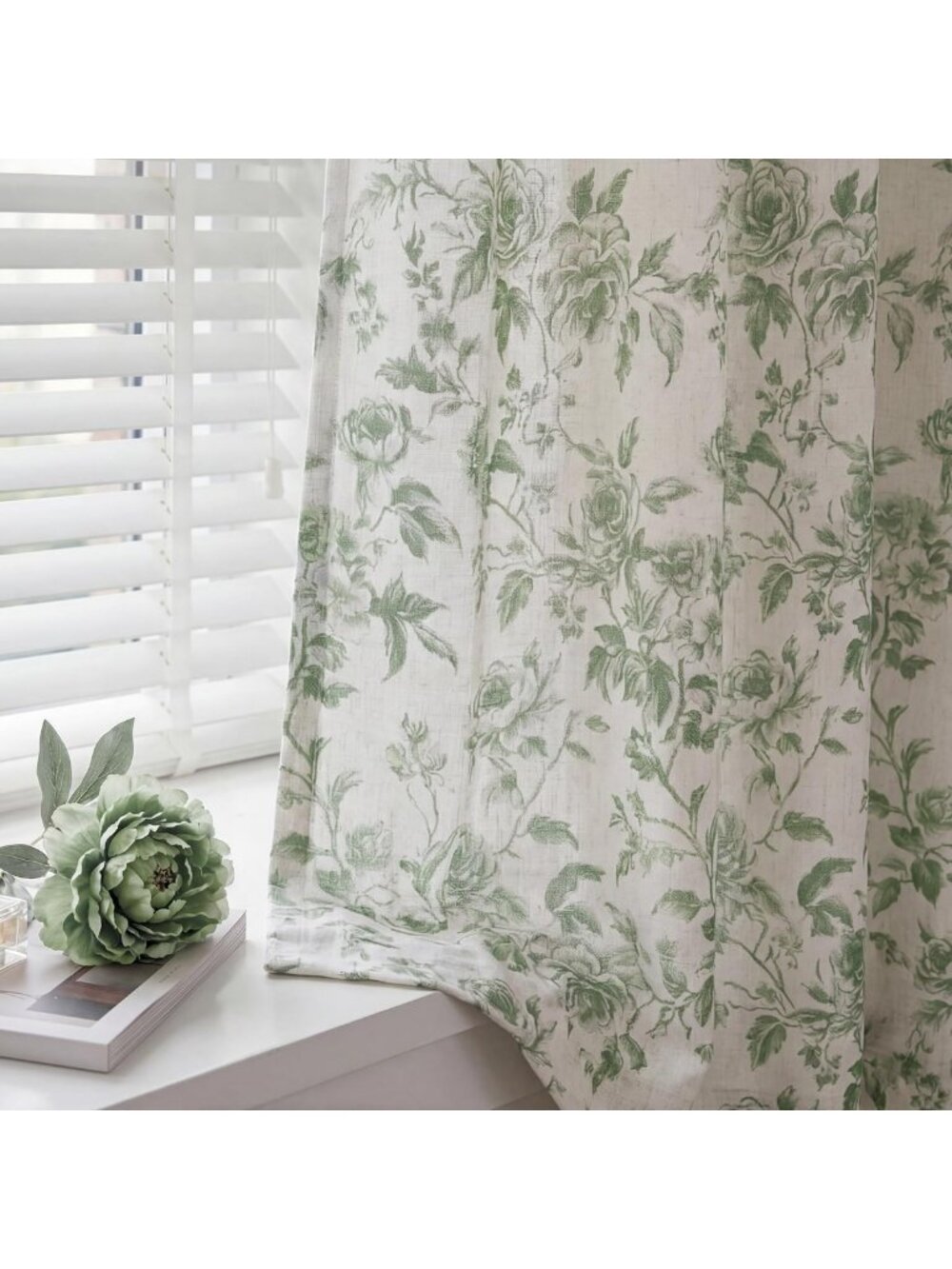 Sage Green Floral Linen Curtains, Vintage Home Decor, 2 Panels, W52 x L84